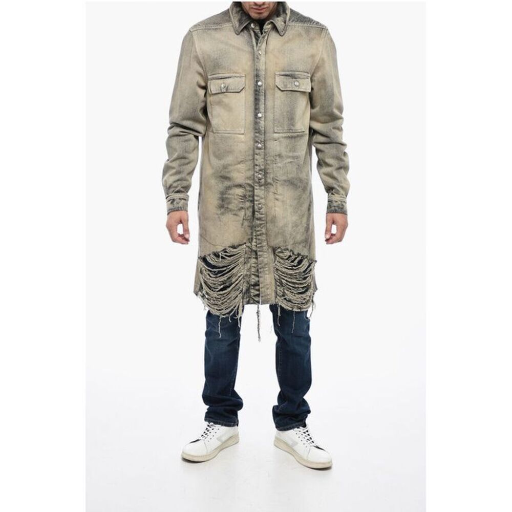 Rick Owens Distressed Denim Overshirt with Fringed Men's Hem - Picture 5 of 5